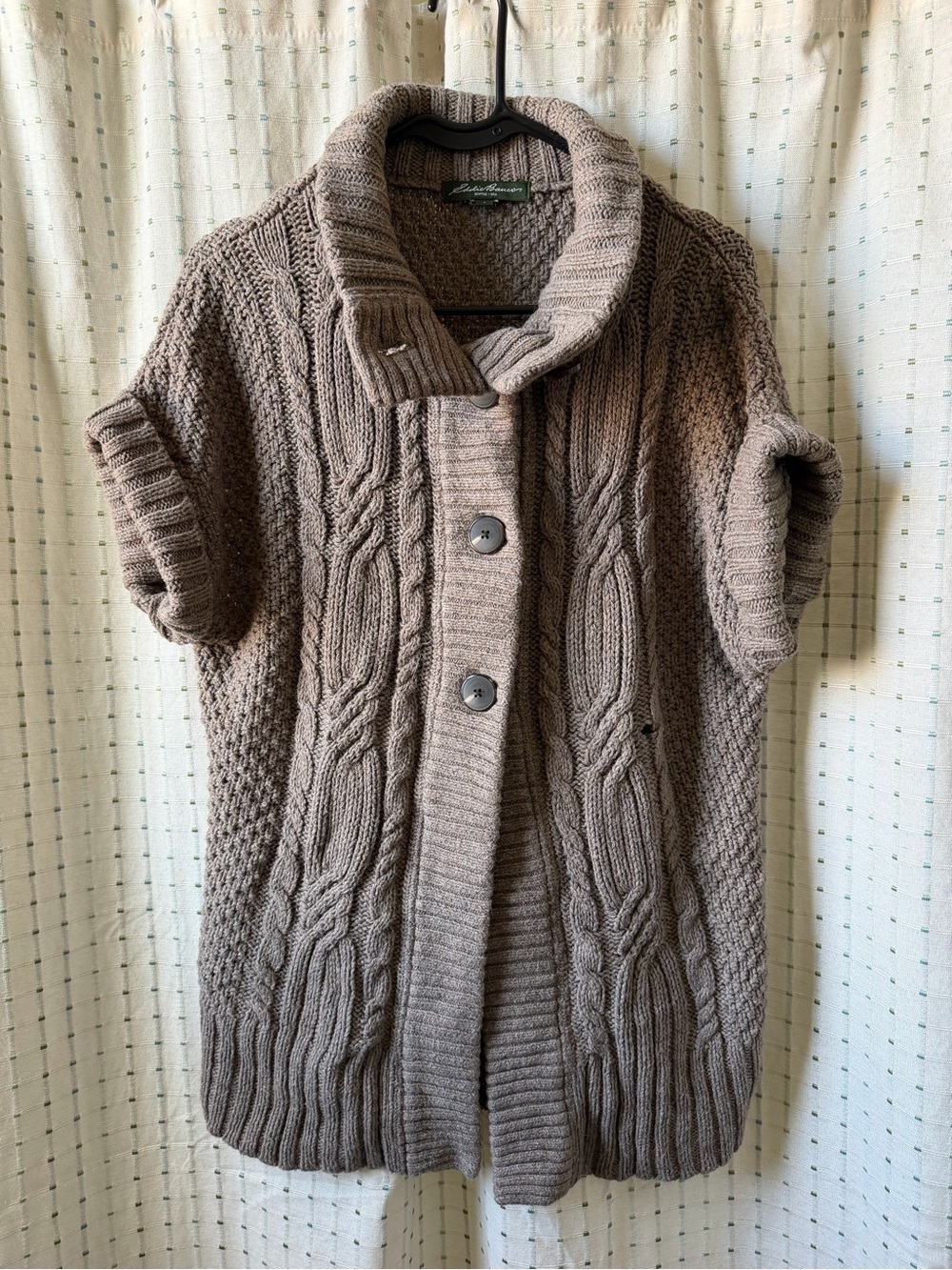 Eddie Bauer Cozy Taupe Cable-Knit Short-Sleeve Cardigan Sweater